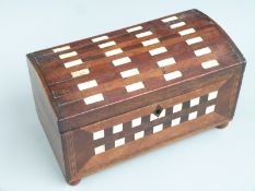 19thC inlaid bone, ebony and specimen wood oak dome top tea caddy raised on ball feet, W26 D13 H15cm
