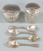 Two hallmarked silver lidded pots, one with integral compact together with four various hallmarked