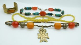 A beaded glass necklace, turquoise, pearl and carnelian agate necklace etc