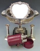 Plated ware including a heart shaped bevelled glass mirror with easel back impressed K & S London,