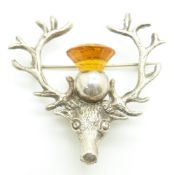 A white metal stag brooch/ kilt pin set with paste, 5.5 x 5.5cm
