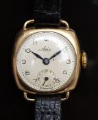 Avia 9ct gold ladies wristwatch with inset subsidiary seconds dial, blued hands, black Arabic