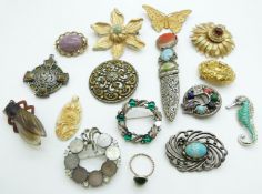 A collection of brooches including Miracle, Exquisite, enamel and marcasite, French Art Deco