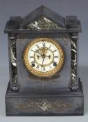 19thC slate mantel clock with Belgian marble type decoration, the Ansonia movement with visible