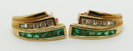 A pair of 9ct gold earrings set with graduated square cut emeralds and round cut diamonds, 2.5g