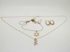 Two 9ct gold necklaces and a pair of 9ct gold earrings, 2.8g