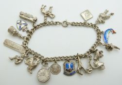 A silver bracelet with 16 charms including enamel fish, giraffe etc
