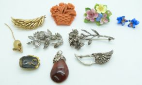 Two silver and marcasite brooches, Victorian brooch, mouse brooch, Grosse brooch and early plastic