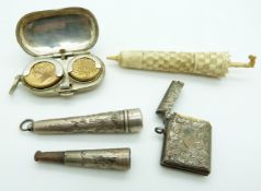 A silver vesta, Birmingham 1902, silver cheroot holder and case, bone needle case in the form of