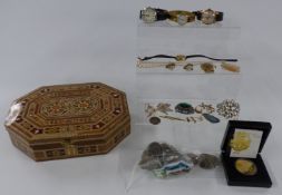 A collection of jewellery and watches including Roamer, Bonheur, a cameo, vintage brooches, coins