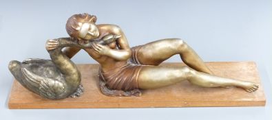 Art Deco figurine of Leda and the Swan, impressed verso Santi.L.370, H29 L76cm