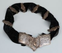 Russian white metal buckle with Niello decoration, 84 grade silver marks and maker's mark AK, weight