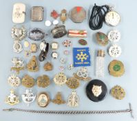 19thC ivory purse, hallmarked silver vesta, Smiths watch, military and other badges, hallmarked