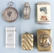 Six vesta cases to include Isle of Man horse example, novelty owl, circular example and one with
