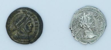 Roman Septimus Severus silver Denarius, together with a bronze Constantine 1st example