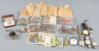 Hallmarked silver napkin ring and seal top spoon, weight 51g, wristwatches including Sekonda and