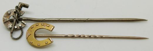Victorian/Edwardian 15ct gold stick pin and a silver stick pin, both in the form of horseshoes