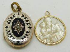 Victorian locket set with black enamel and a seed pearl and mother of pearl St Christopher