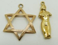 A 9ct gold Maltese Cross pendant (2.1g) and a yellow metal pendant depicting a nude lady (1.5g)