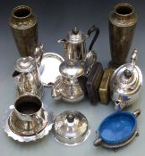 Silver plated ware including a tea ware, pair of Cairo ware vases and a 1914 Christmas tin