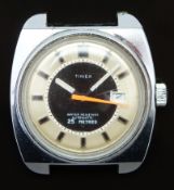 Timex gentleman's automatic wristwatch with date aperture, silver and blue dial, two-tone hour