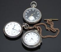 Three keyless winding open faced pocket watches one military with white subsidiary dial and Arabic