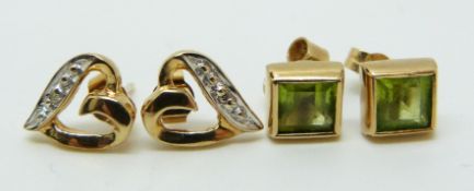 A pair of 9ct gold earrings set with a peridot and a pair of 9ct gold earrings set with a diamond to