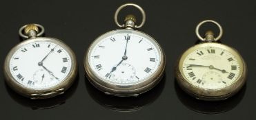 Three silver keyless winding open faced pocket watches all with subsidiary seconds dials, blued