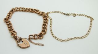 A 9ct rose gold curb link bracelet with heart clasp and a 9ct gold bracelet with sterling clasp,