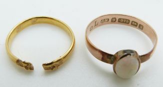 Edwardian 9ct rose gold ring set with an opal, Birmingham 1901, 1.4g, size N and a yellow metal ring