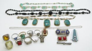 A collection of Art Deco jewellery including rings, brooches, necklaces etc