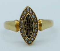 Victorian 18ct gold ring in a marquise shape set with enamel surrounded by seed pearls, 3.3g, size