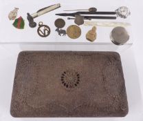 A collection of items including vintage charms, Smiths watch, carved wooden box etc