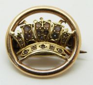 A 15ct gold brooch in the form of a crown, 1.9cm diameter, 2.8g