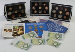 Seven 1980s UK coin sets to include proof and uncirculated examples with five Somerset £1 notes