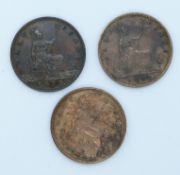 Victoria 1860 halfpenny, toothed borders, together with a beaded bordered example and a further 1873