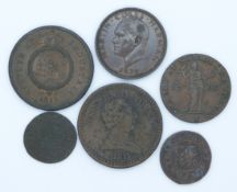 Five 17th to early 19thC English copper tokens to include Bath farthing 1670, Bristol farthing 1662,