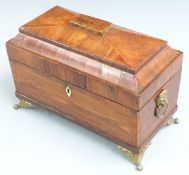 Georgian fruitwood or similar tea caddy with line inlaid and cross banded decoration with gilt metal