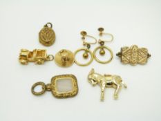 A 9ct gold car charm/ pendant (4.6g), Victorian locket, Victorian brooch, 18ct gold stud (1.5g),
