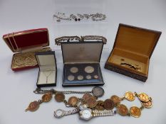 A collection of jewellery including faux pearls, silver brooches, paste bracelet and matching