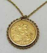 A 9ct gold pendant set with a 1902 gold full sovereign, Perth Mint, on 9ct gold chain, 11.5g