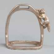 George VI novelty hallmarked silver miniature stirrup with fox, likely a napkin ring, Birmingham