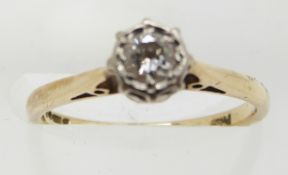 A 9ct gold ring set with a round cut diamond of approximately 0.2ct, 1.6g, size K