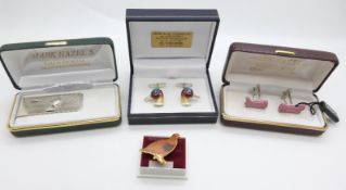 A pair of silver cufflinks in the form of ducks set with enamel, wellington boot cufflinks and a