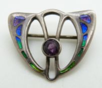 Charles Horner Edwardian silver Art Nouveau brooch set with enamel, Chester 1908