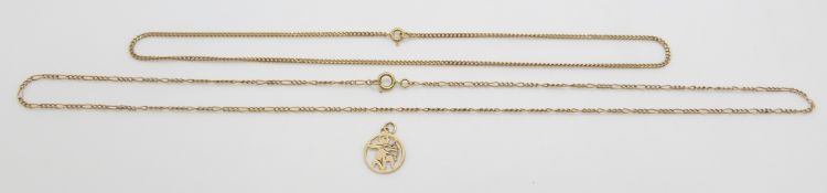 A 9ct gold Sagittarius pendant and two 9ct gold chains, 6.6g