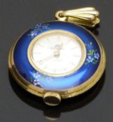 Bucherer gold plated keyless winding open faced ladies fob watch with hand painted enamel back and