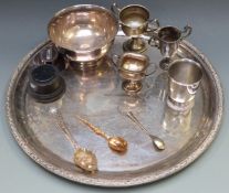 Circular silver plated tray, diameter 37cm, small trophy cups, plated bowl etc