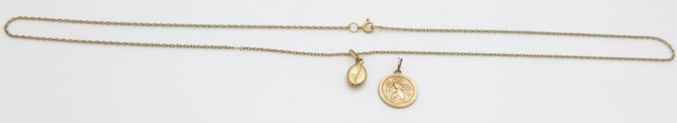 A 9ct gold necklace, 9ct gold St Christopher and 9ct gold coffee bean pendant, 4.7g