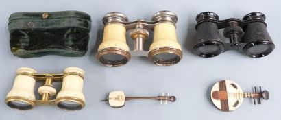 Three pairs of opera glasses and two novelty miniature wooden musical instruments